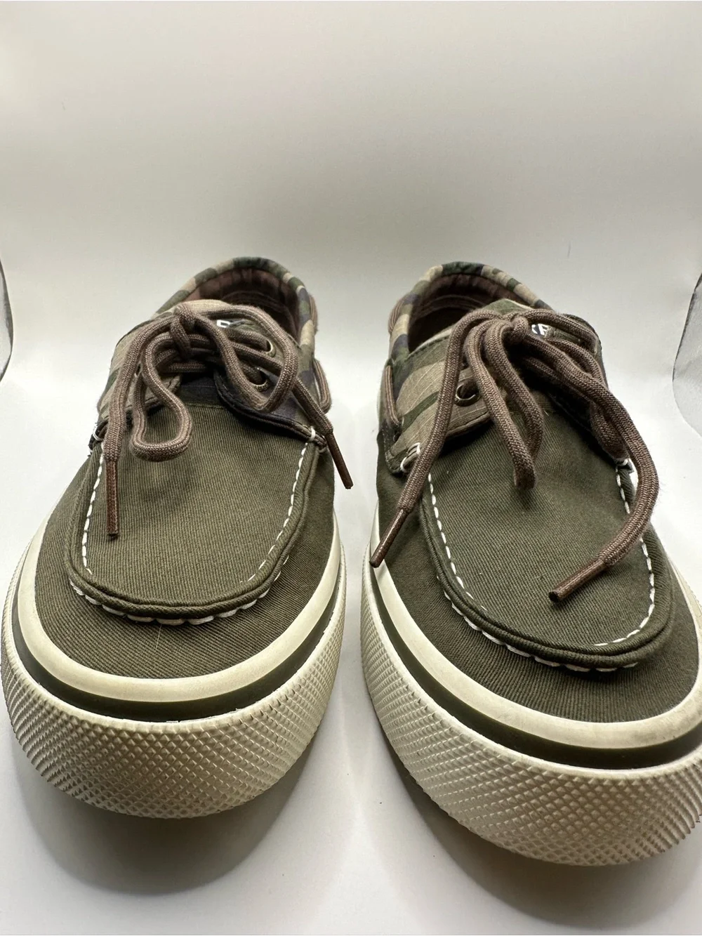 Sperry Olive Canvas Boat Shoes with Camo Trim